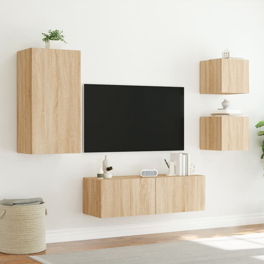 vidaXL Muebles de TV de pared con luces LED 4 piezas roble Sonoma