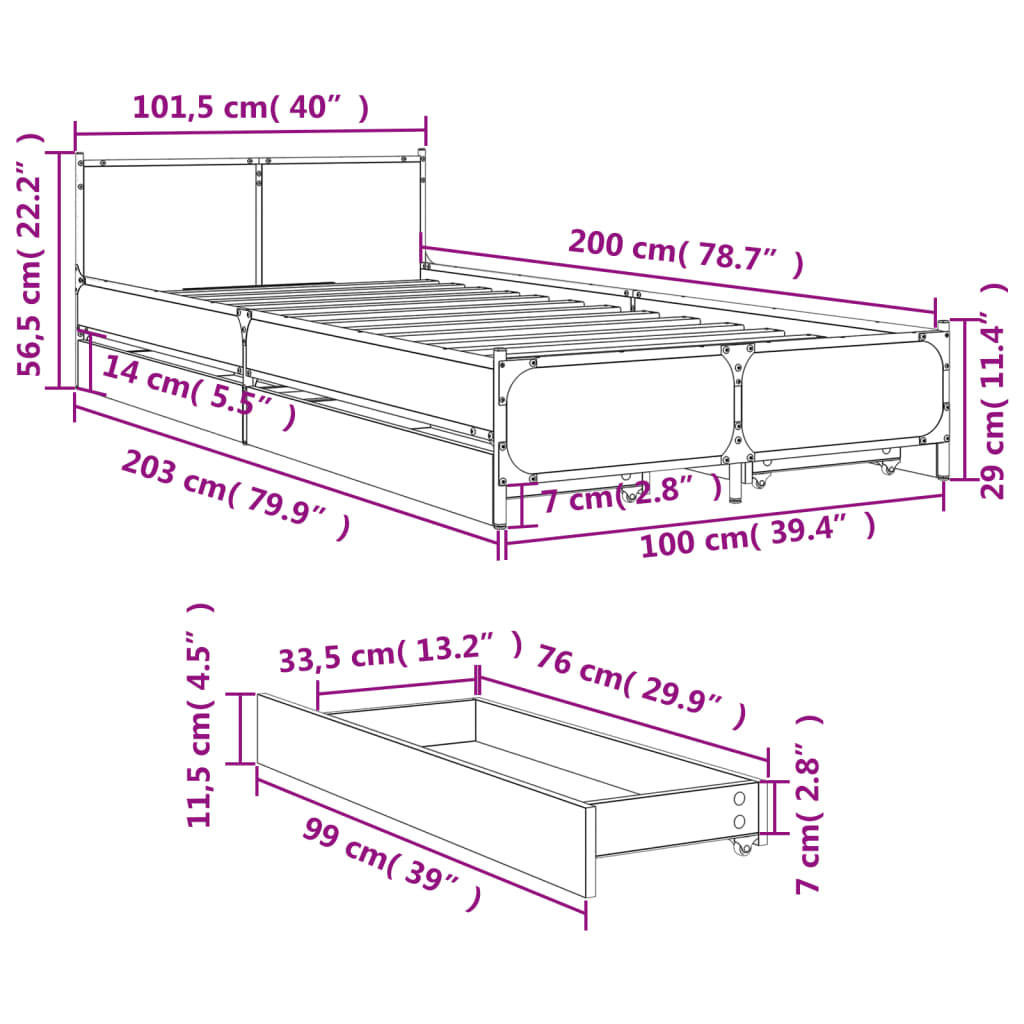 vidaXL Cama con cajones madera de ingeniería roble ahumado 100x200 cm