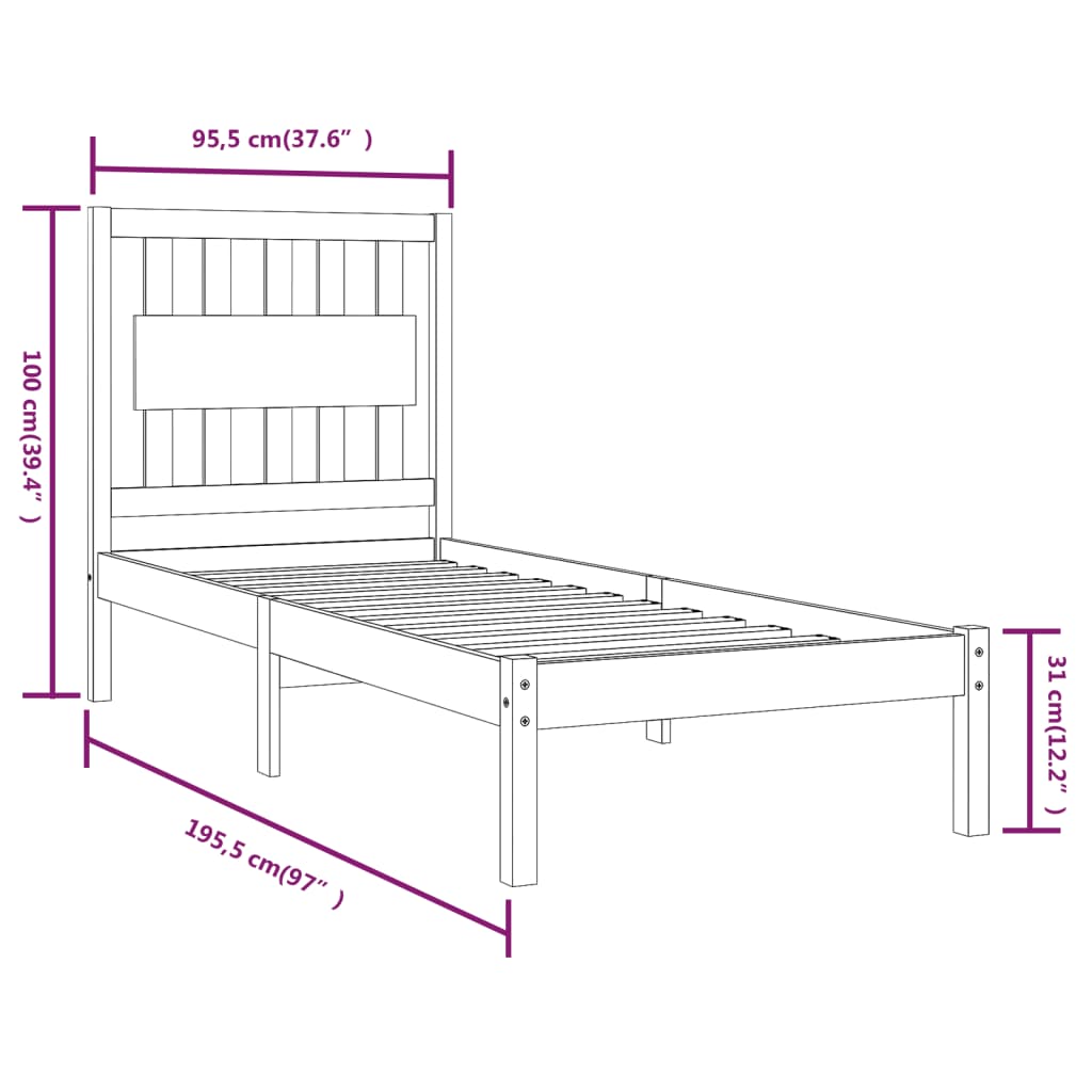 vidaXL Estructura de cama madera maciza pino individual negro 90x190cm