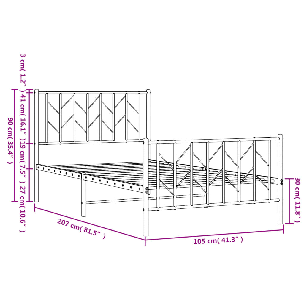 vidaXL Estructura cama sin colchón con estribo metal negro 100x200 cm