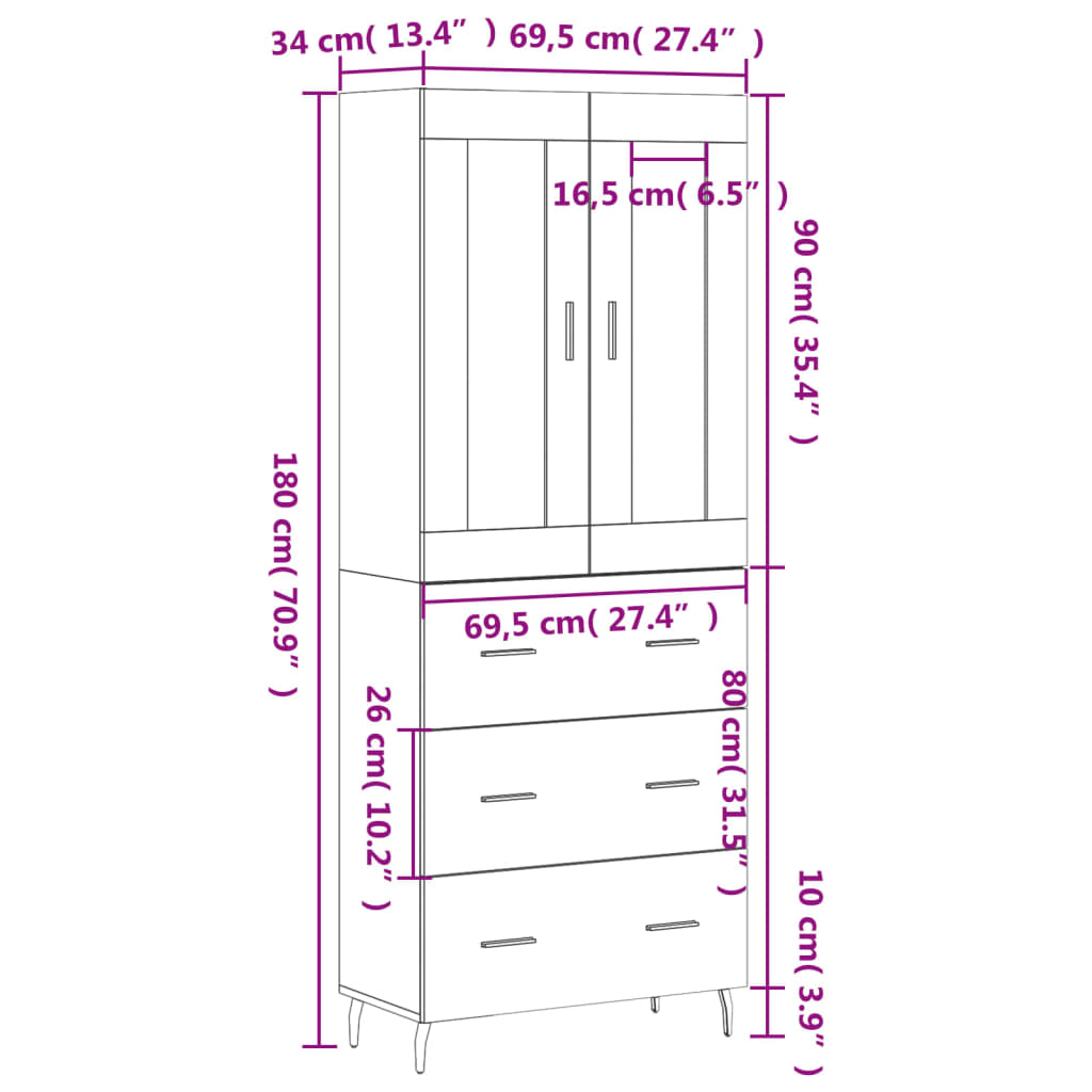 vidaXL Aparador alto madera contrachapada negro 69,5x34x180 cm