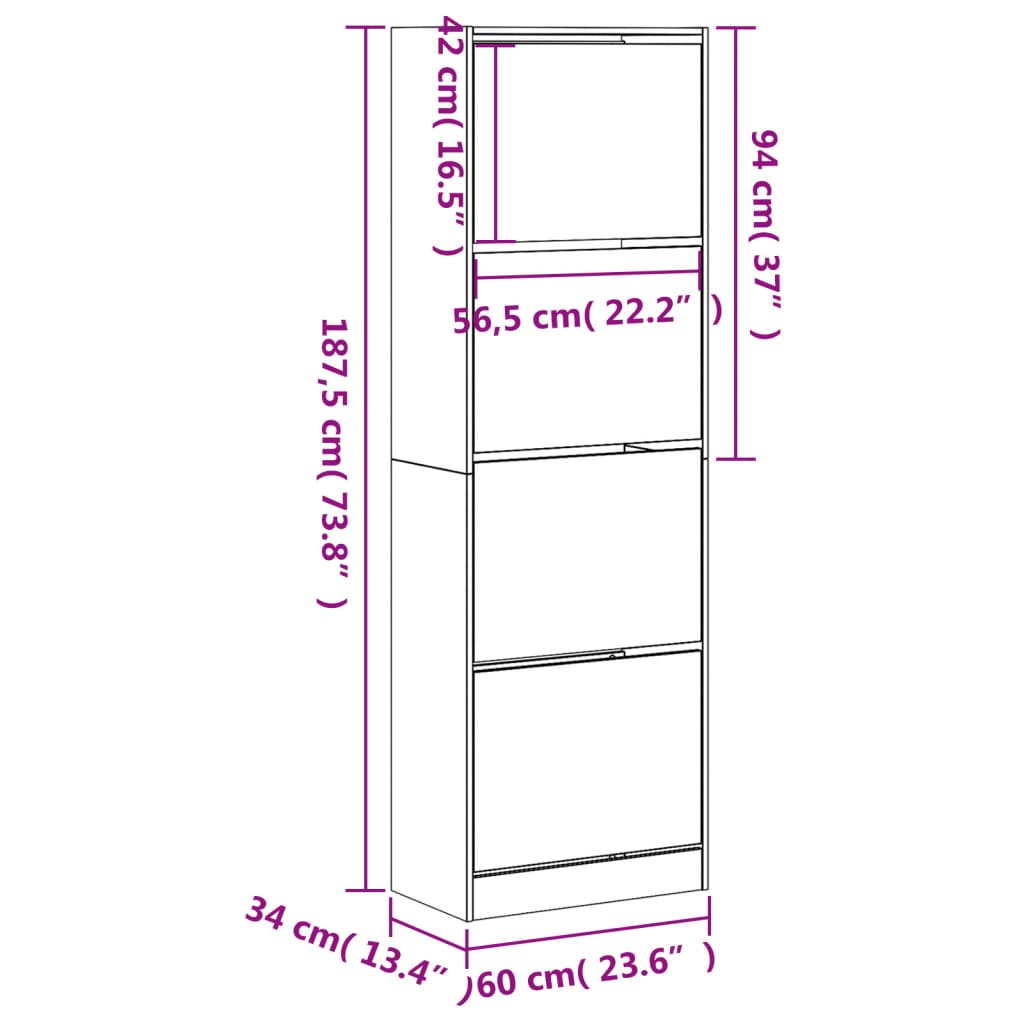 vidaXL Mueble zapatero con 4 cajones abatibles negro 60x34x187,5 cm