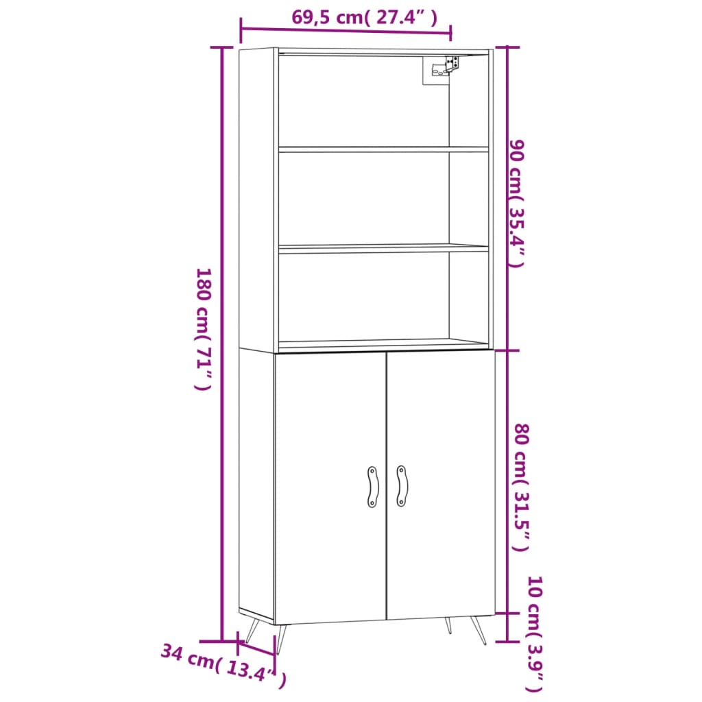 vidaXL Aparador alto madera contrachapada gris hormigón 69,5x34x180 cm