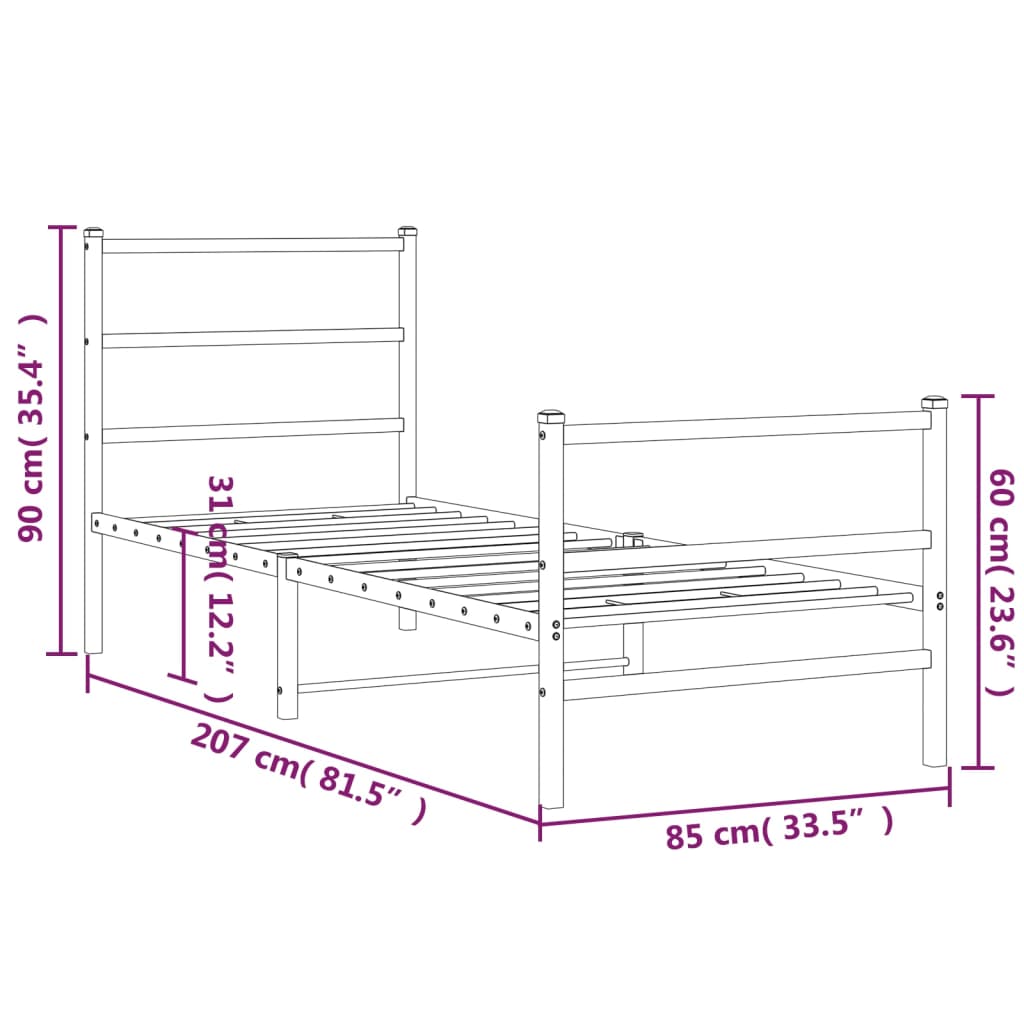 vidaXL Estructura de cama con cabecero y estribo metal negro 80x200 cm
