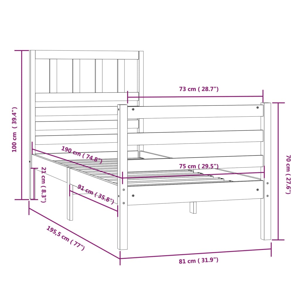 vidaXL Estructura de cama individual pequeña madera maciza 75x190 cm