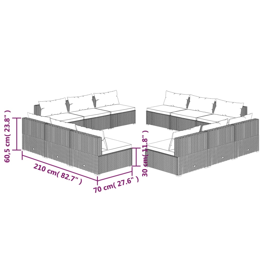 vidaXL Set muebles de jardín y cojines 12 pzas ratán sintético marrón