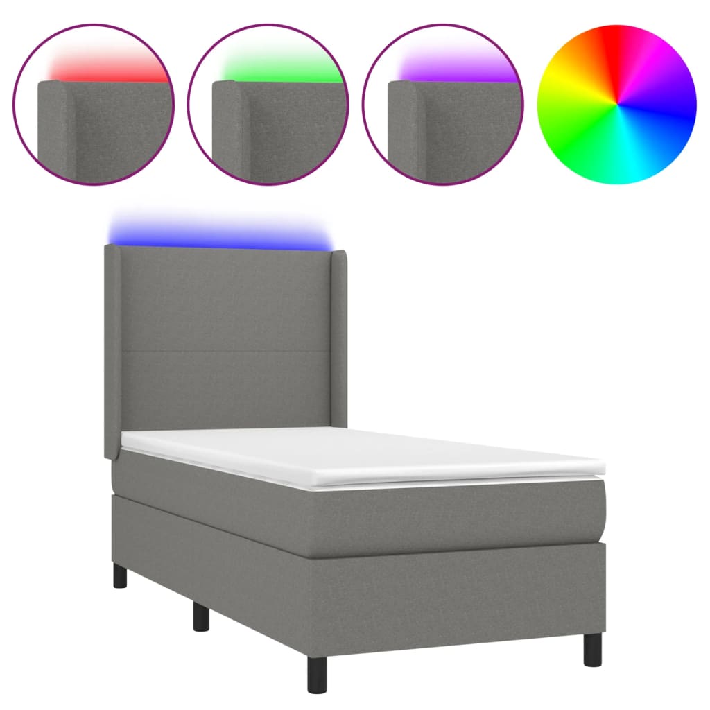 vidaXL Cama box spring colchón y luces LED tela gris oscuro 90x200 cm