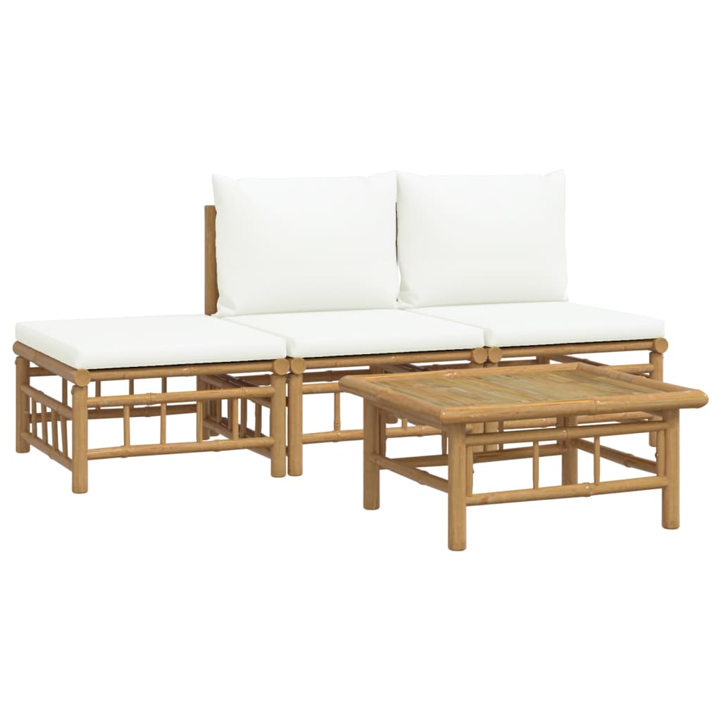 vidaXL Set de muebles de jardín 4 piezas bambú y cojines blanco crema