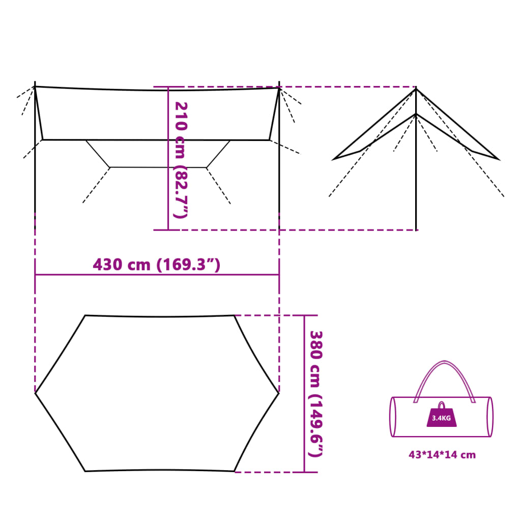 vidaXL Lona de camping impermeable verde 430x380x210 cm