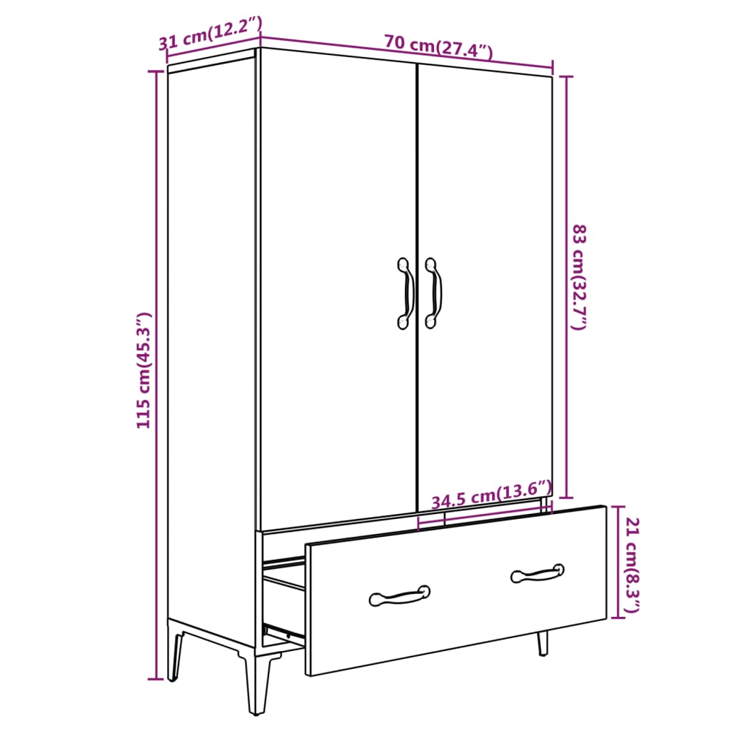 vidaXL Aparador de madera contrachapada gris hormigón 70x31x115 cm