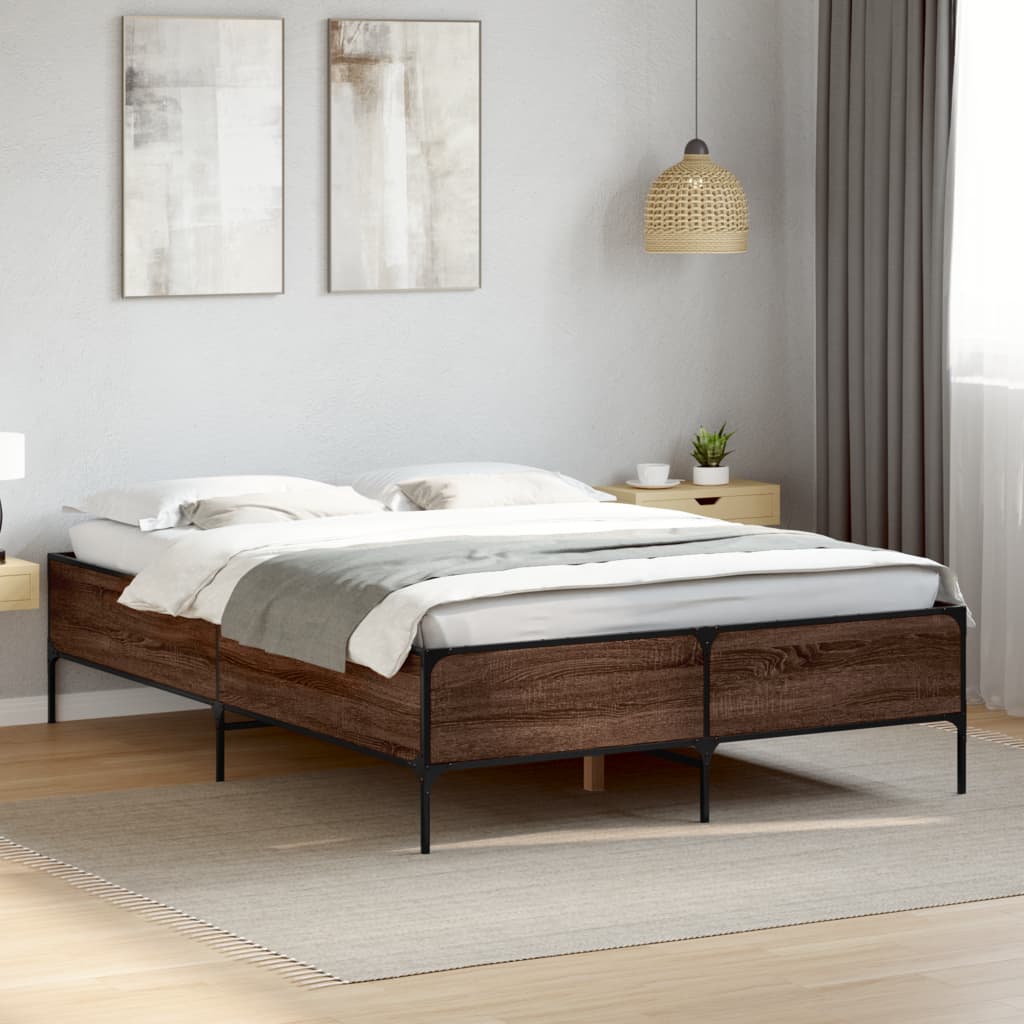 vidaXL Estructura cama madera ingeniería metal marrón roble 150x200 cm