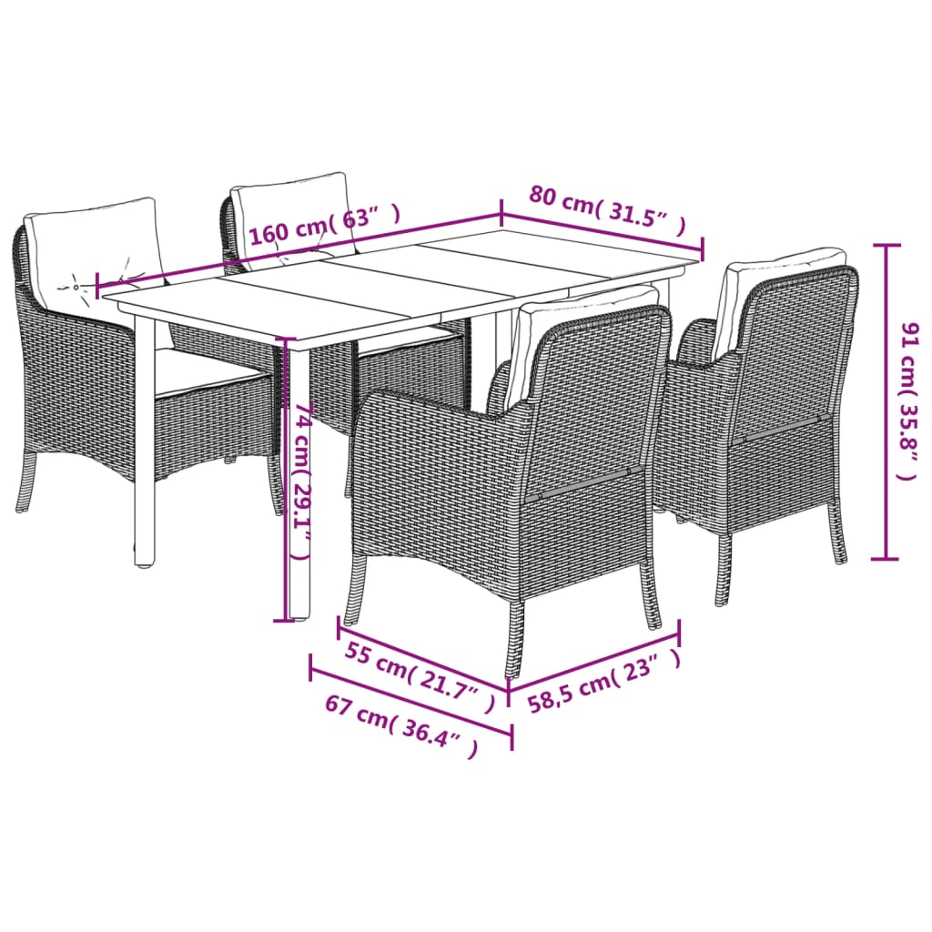 vidaXL Set comedor de jardín 5 piezas con cojines ratán sintético gris