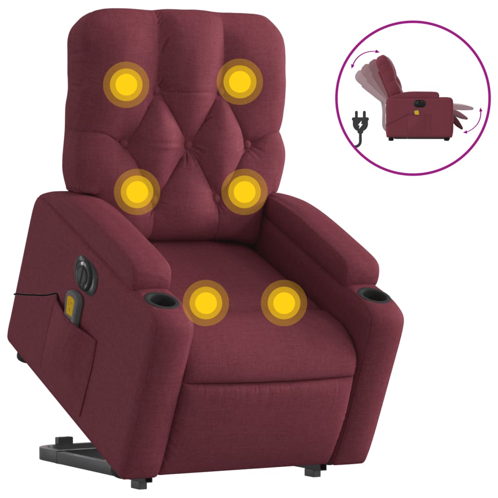 vidaXL Sillón de masaje elevable eléctrico tela rojo tinto