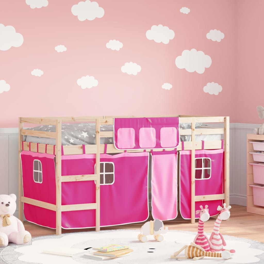 vidaXL Cama alta para niños con cortinas madera pino rosa 90x200 cm