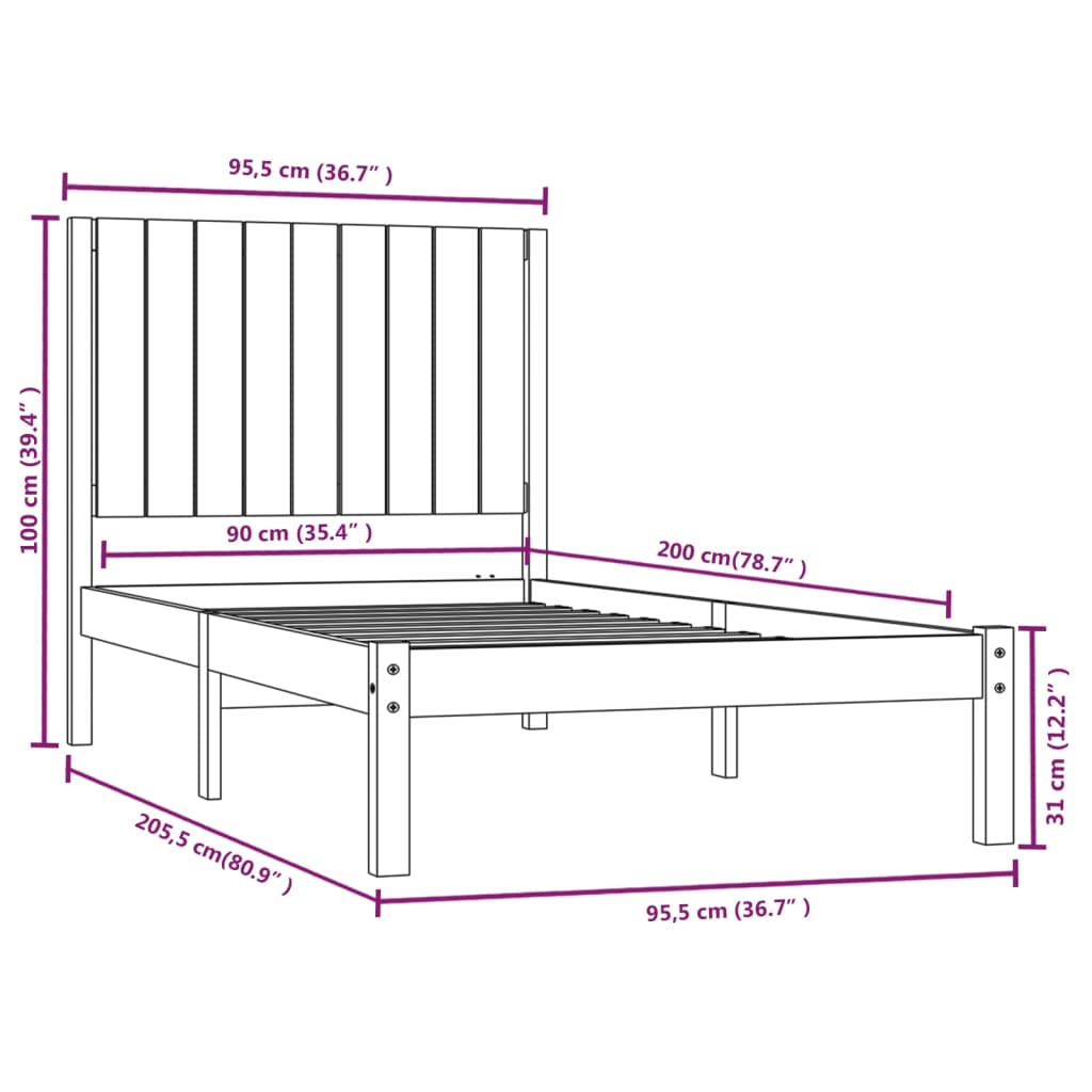 vidaXL Estructura de cama madera maciza de pino gris 90x200 cm