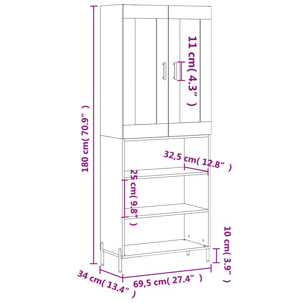 vidaXL Aparador alto madera contrachapada gris hormigón 69,5x34x180 cm