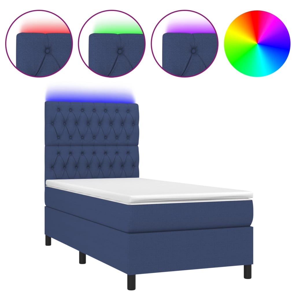 vidaXL Cama box spring colchón y luces LED tela azul 90x190 cm