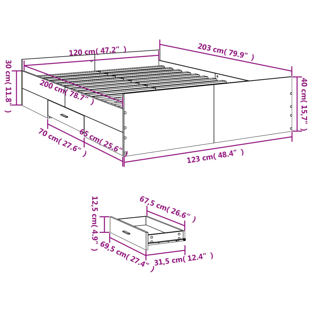 vidaXL Cama con cajones madera ingeniería gris Sonoma 120x200 cm