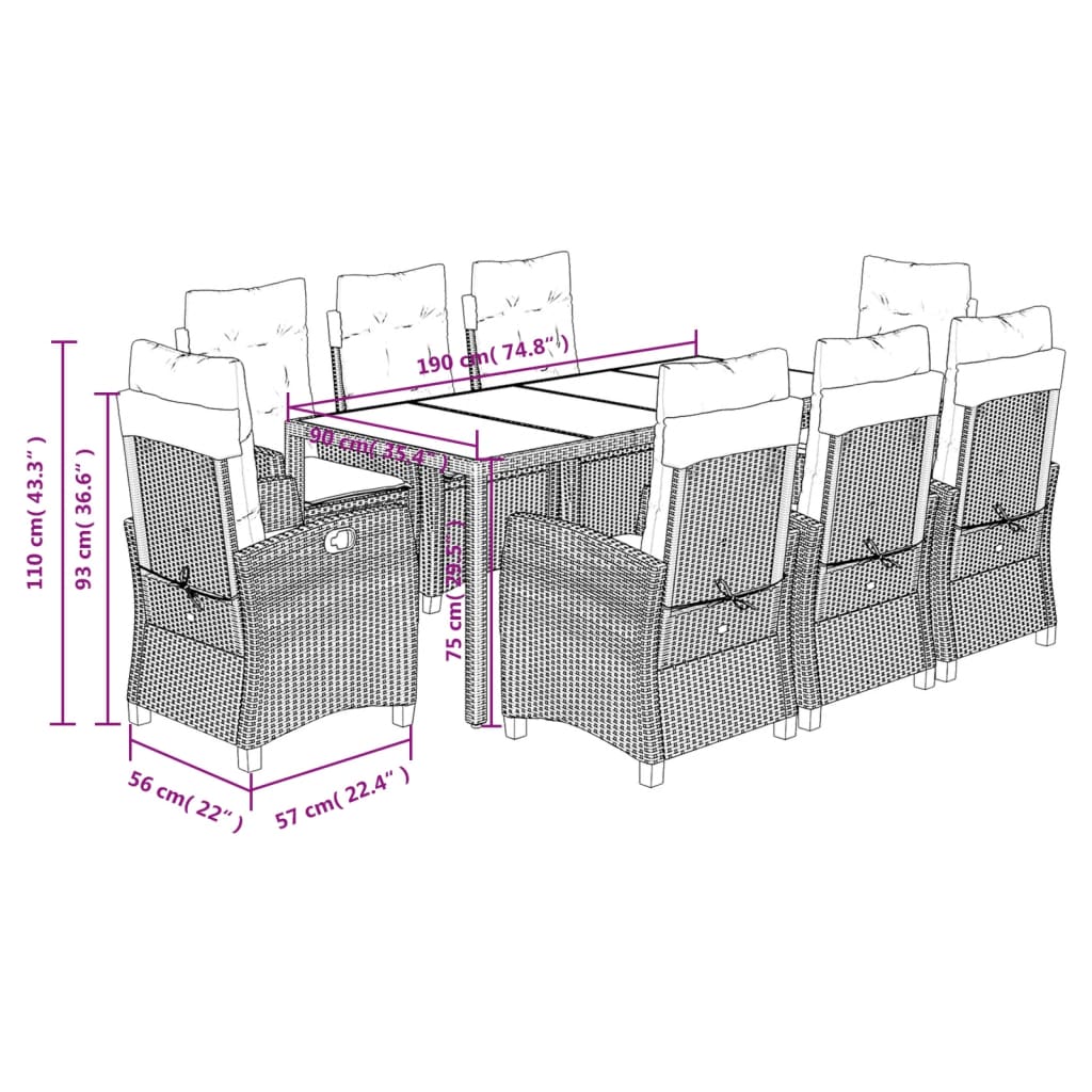 vidaXL Set de comedor de jardín 9 pzas y cojines ratán sintético negro