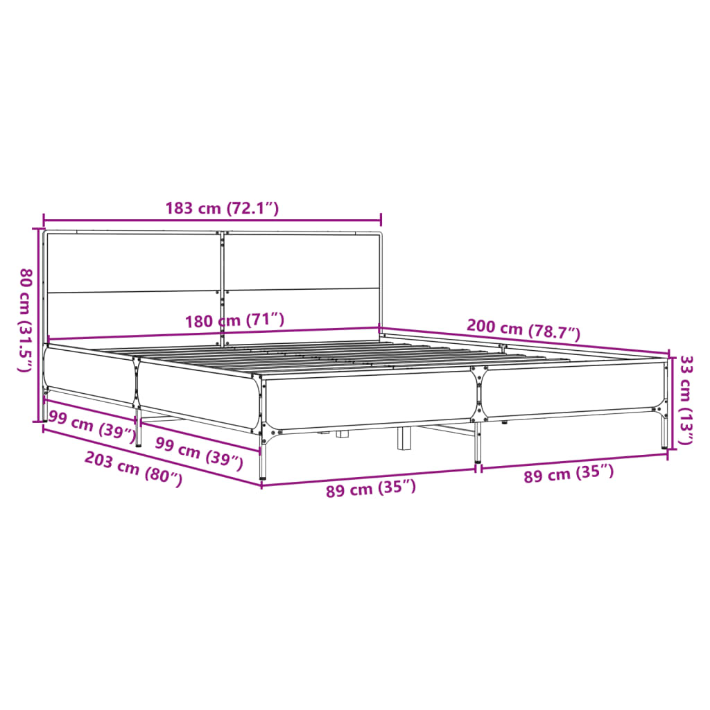 vidaXL Estructura cama madera ingeniería metal roble ahumado 180x200cm