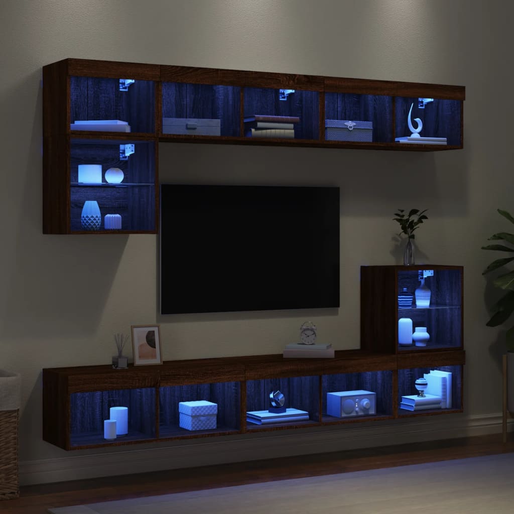 vidaXL Muebles TV pared con LED 8 pzas madera ingeniería marrón roble