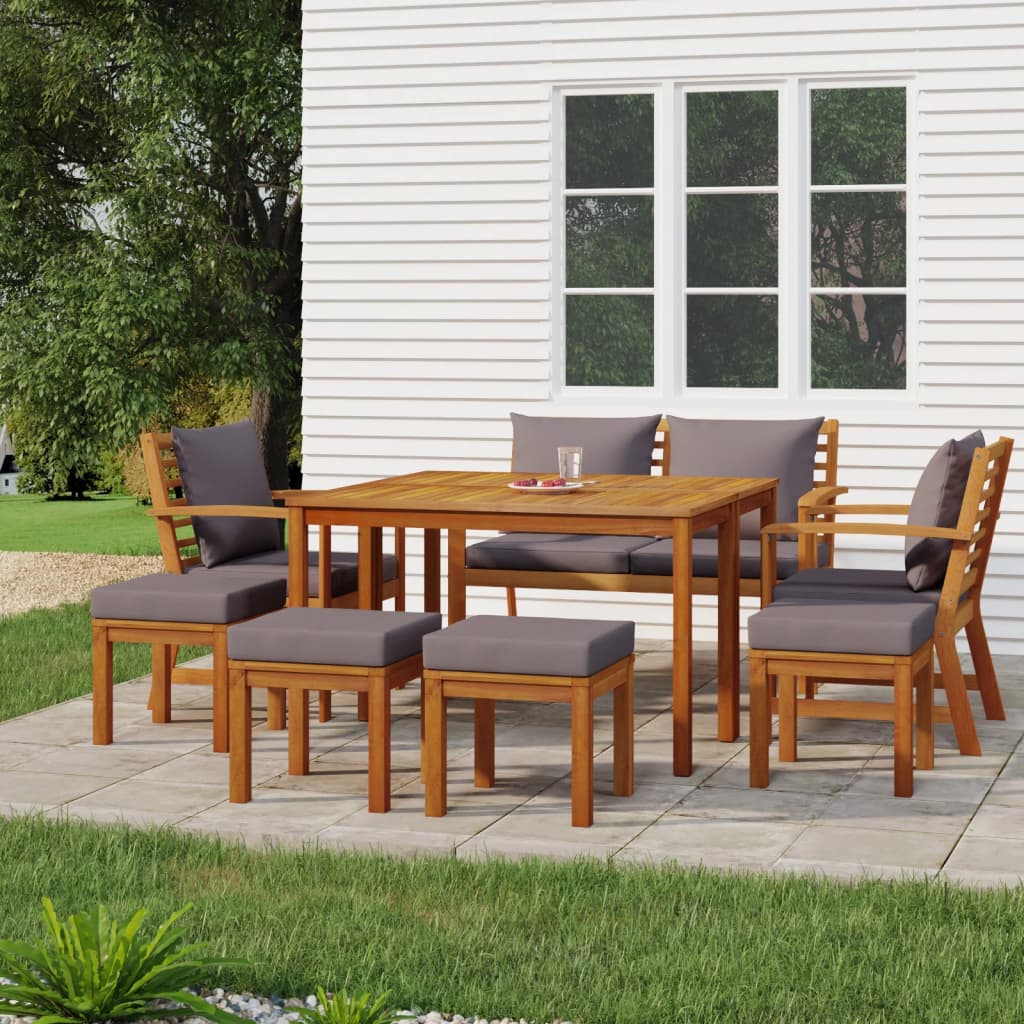 vidaXL Juego comedor jardín con cojines 9 piezas madera maciza acacia