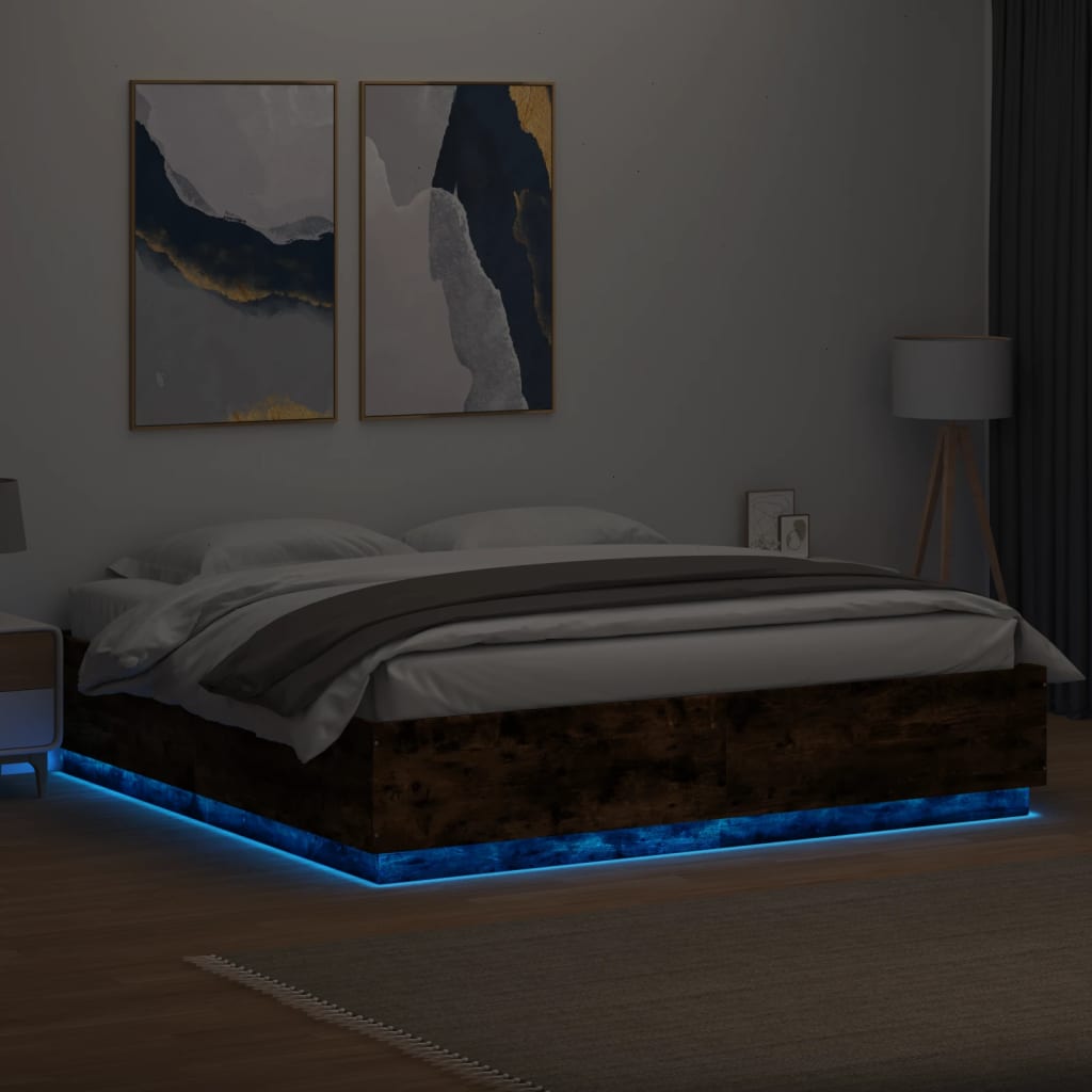 vidaXL Estructura cama con luces LED madera roble ahumado 200x200 cm