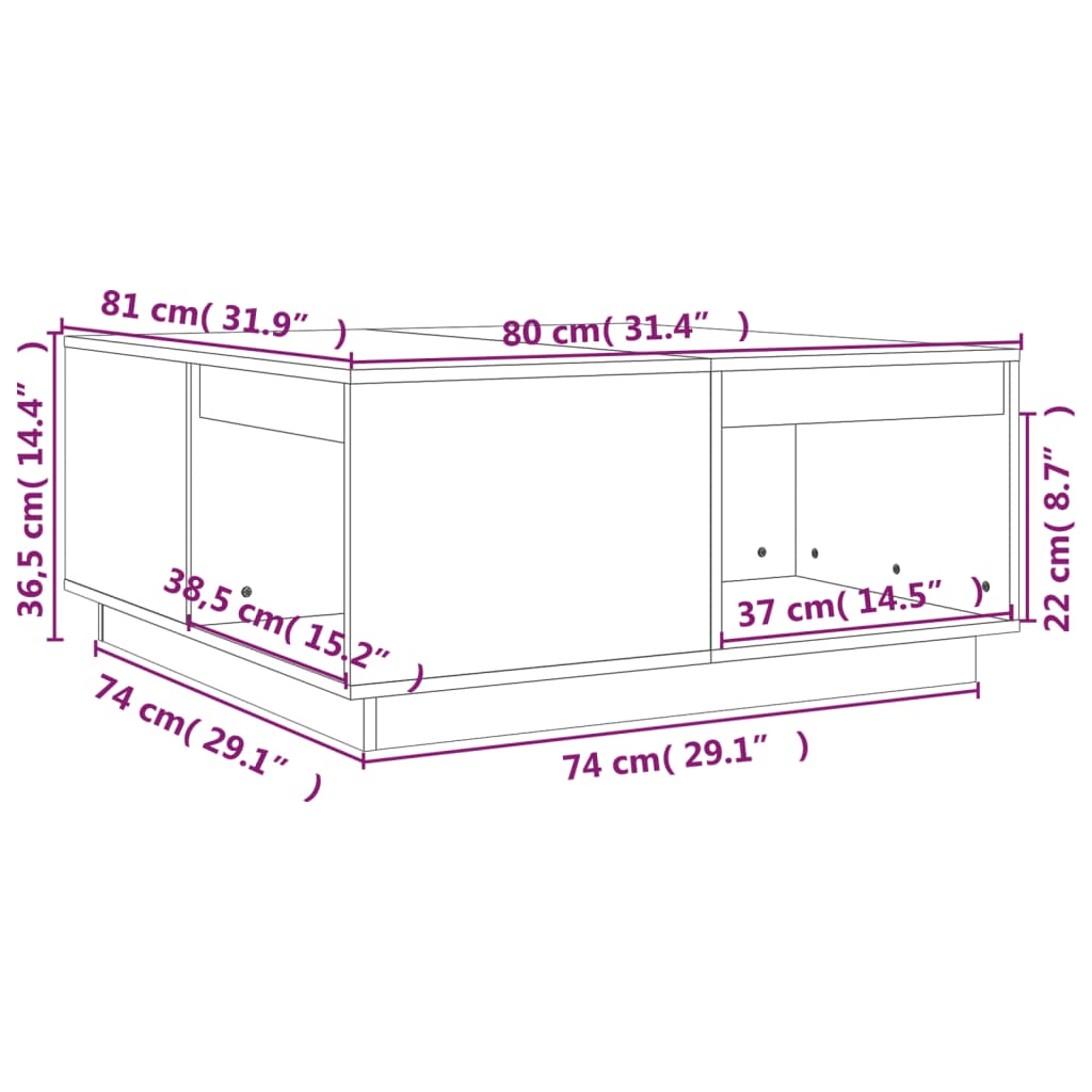 vidaXL Mesa de centro de madera maciza de pino blanco 80x81x36,5 cm