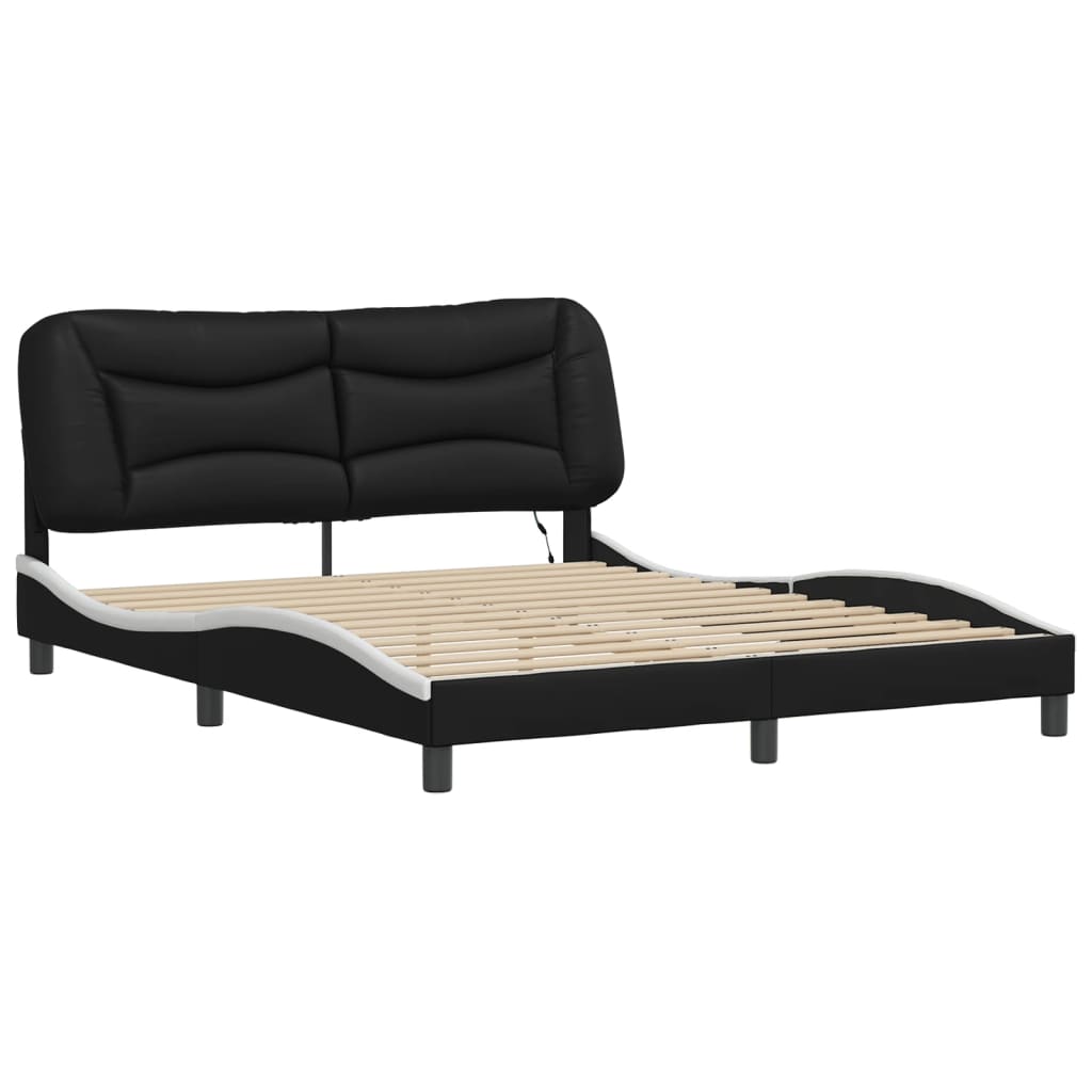 vidaXL Estructura de cama con luz LED cuero PE negro blanco 160x200 cm