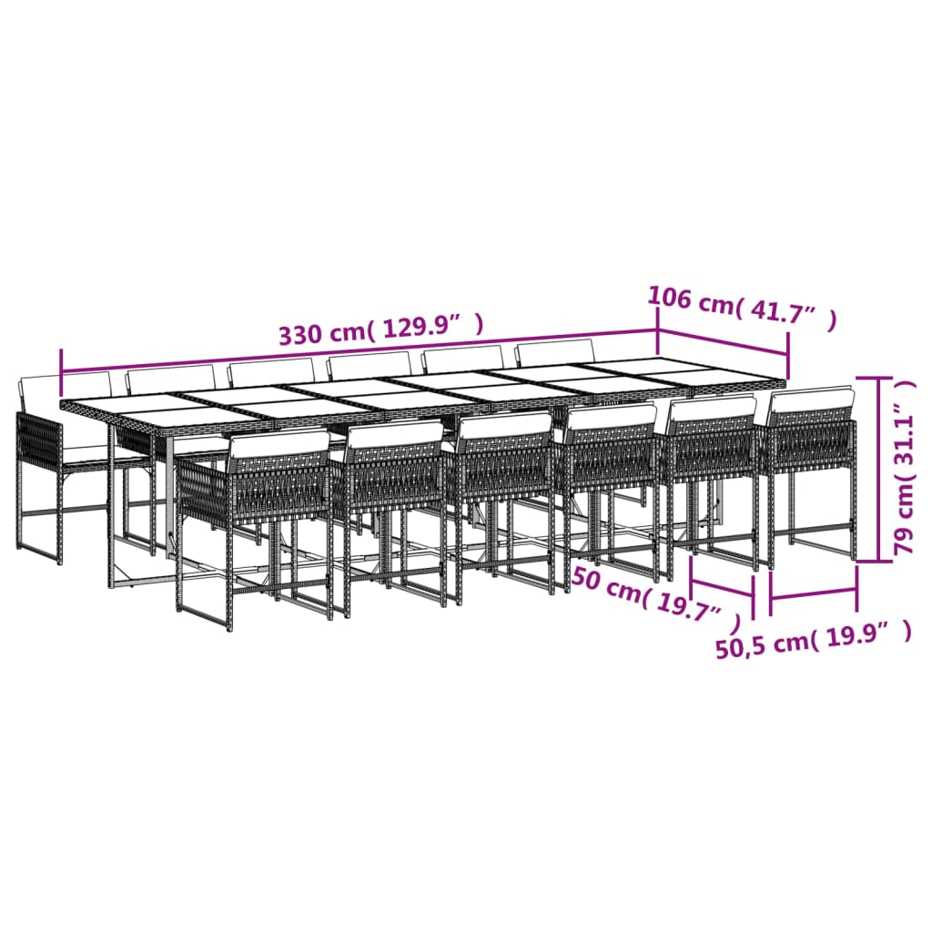 vidaXL Set comedor de jardín con cojines 13 pzas ratán sintético gris