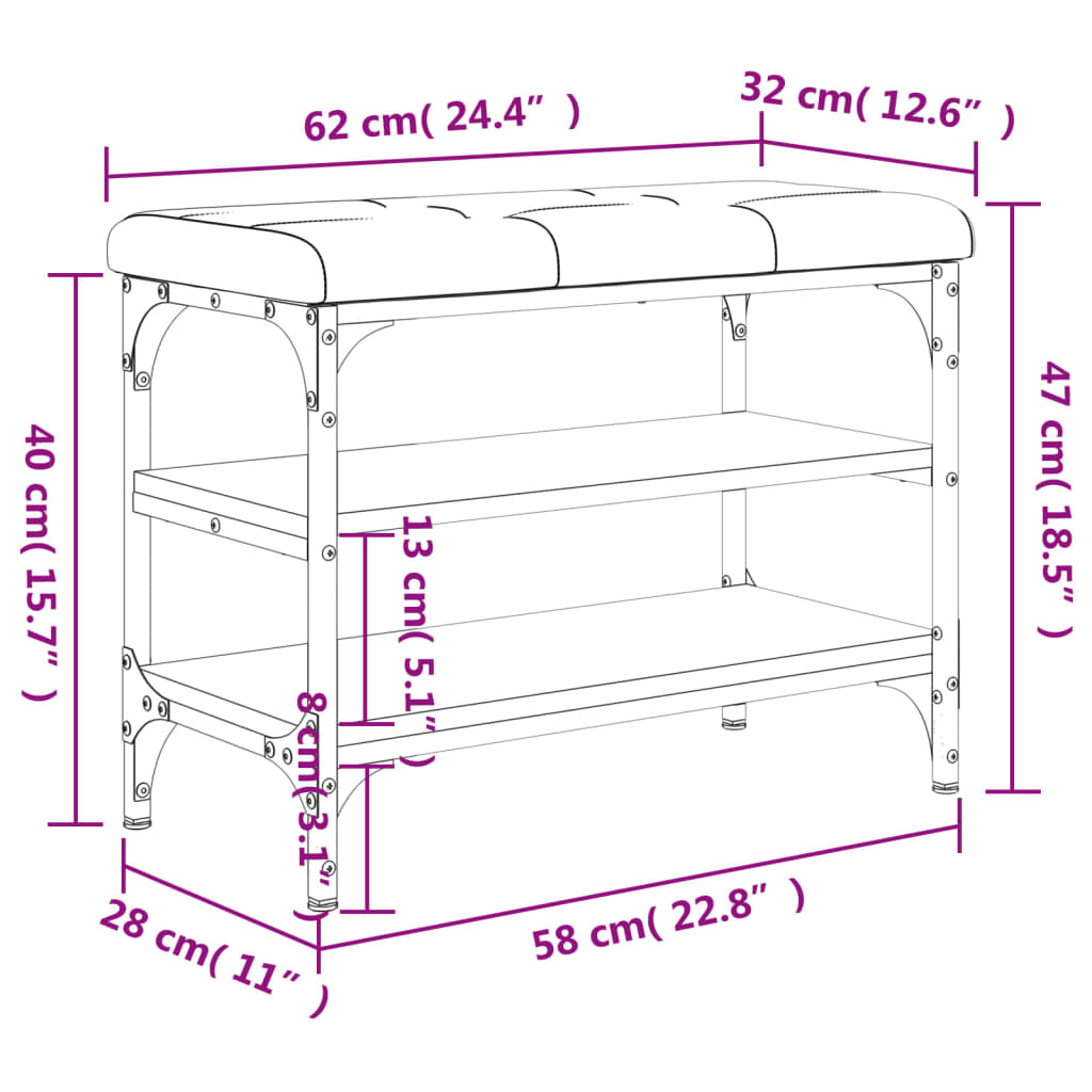 vidaXL Banco zapatero madera de ingeniería roble Sonoma 62x32x47 cm