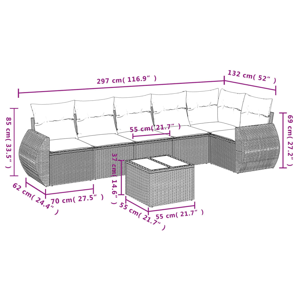 vidaXL Set de comedor de jardín 7 pzas y cojines ratán sintético negro