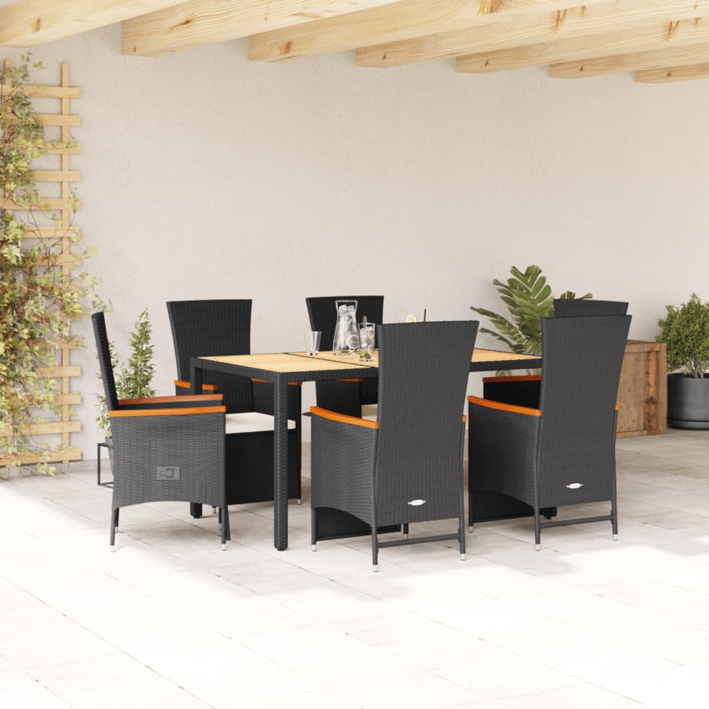 vidaXL Set de comedor de jardín 7 pzas y cojines ratán sintético negro