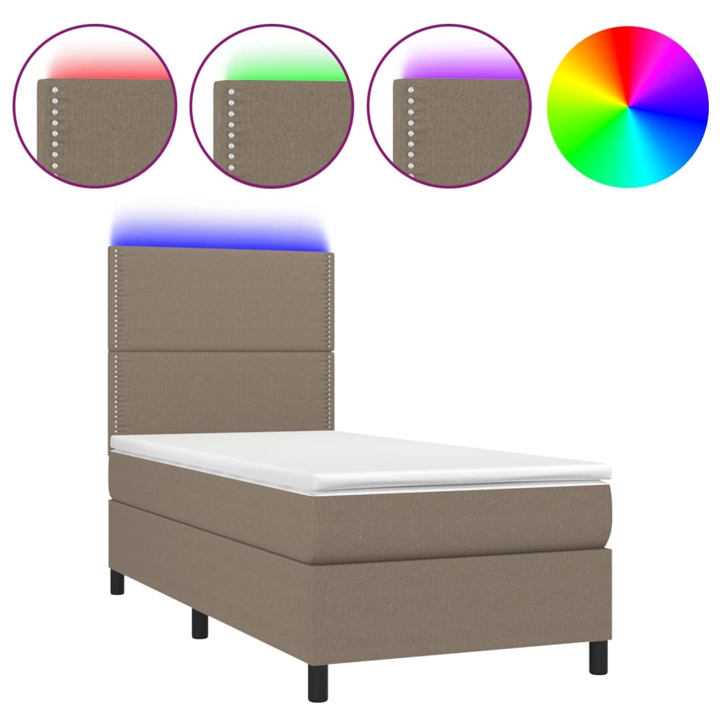 vidaXL Cama box spring colchón y luces LED tela gris taupe 100x200 cm