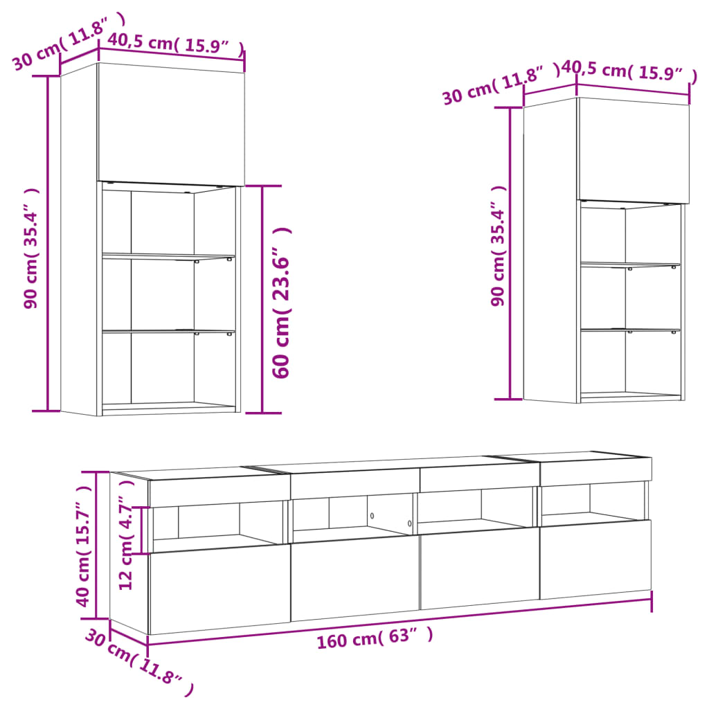 vidaXL Muebles TV pared con LED 5 pzas madera ingeniería marrón roble