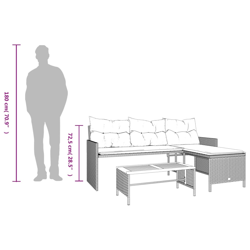 vidaXL Sofá de jardín en forma de L con mesa y cojines ratán PE beige