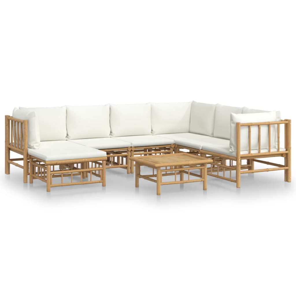 vidaXL Set de muebles de jardín 8 piezas bambú y cojines blanco crema