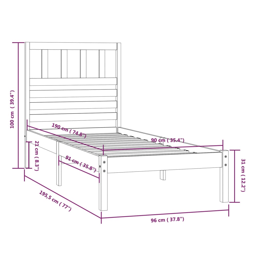 vidaXL Estructura cama individual madera maciza pino negra 90x190 cm