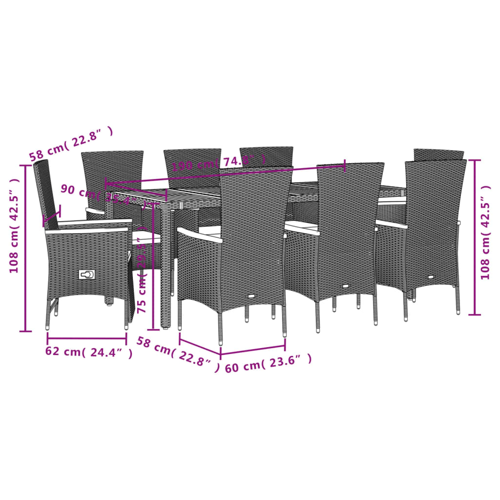 vidaXL Set de comedor de jardín 7 pzas y cojines ratán sintético negro