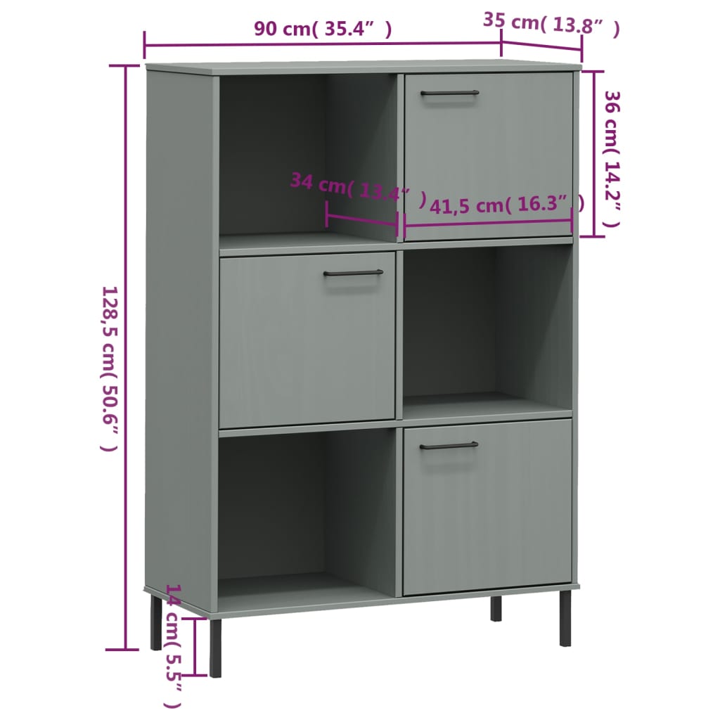 vidaXL Librería patas de metal OSLO madera maciza gris 90x35x128,5cm