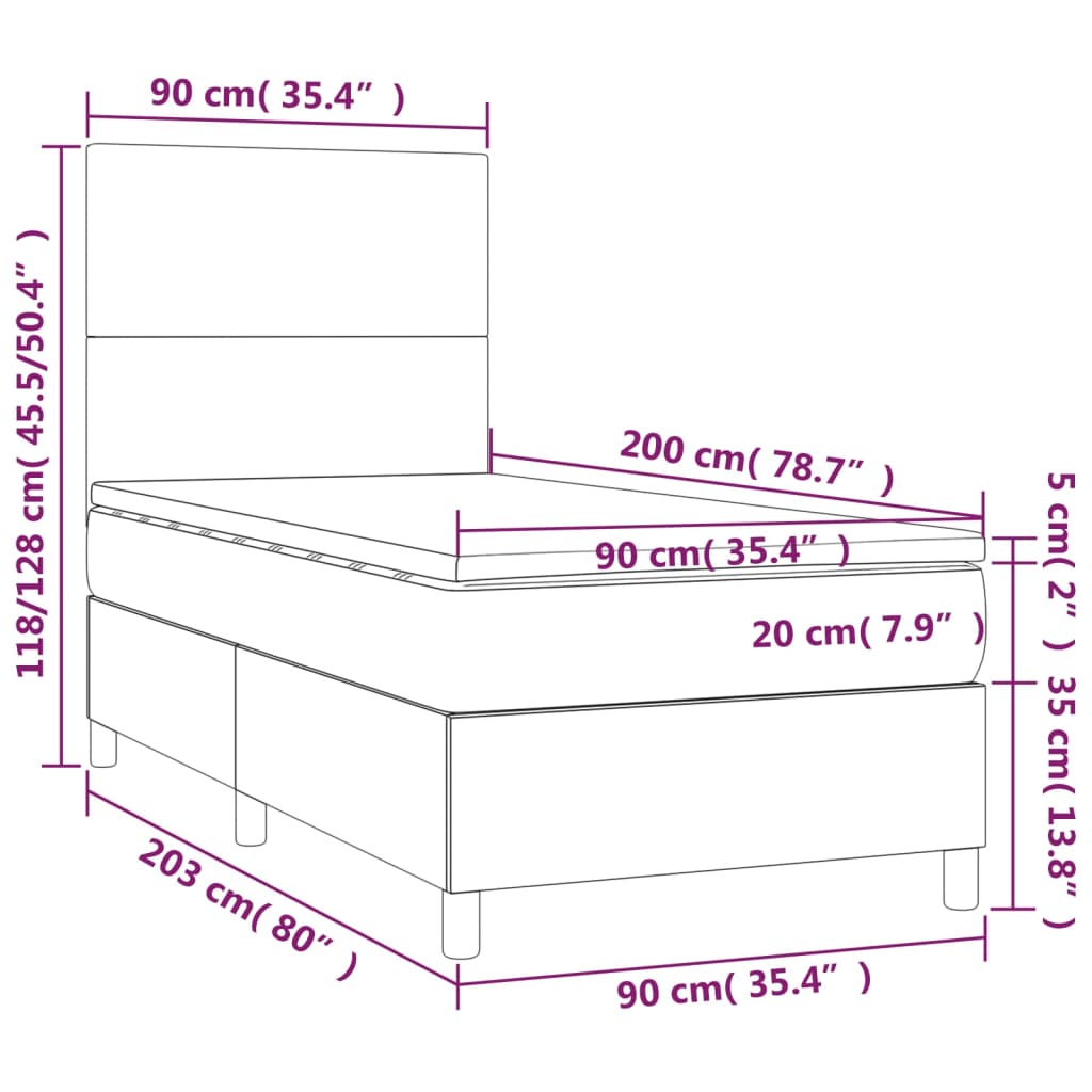 vidaXL Cama box spring colchón y LED terciopelo gris oscuro 90x200 cm