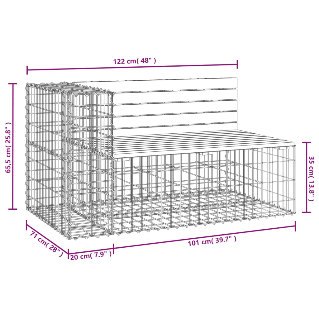 vidaXL Banco jardín diseño gavión madera pino impregnada 122x71x65,5cm