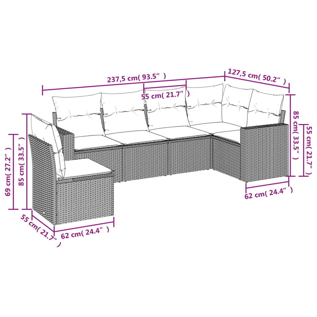 vidaXL Set sofás de jardín 6 piezas y cojines ratán sintético marrón