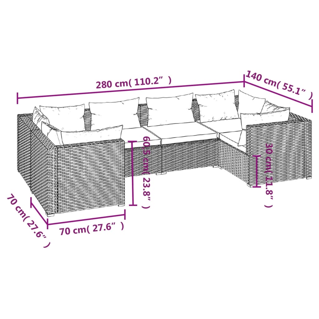 vidaXL Set de sofás de jardín 6 piezas y cojines ratán sintético gris