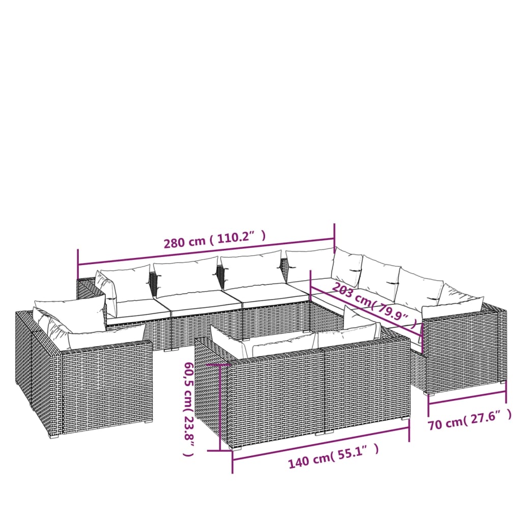 vidaXL Set muebles de jardín 11 piezas cojines ratán sintético marrón