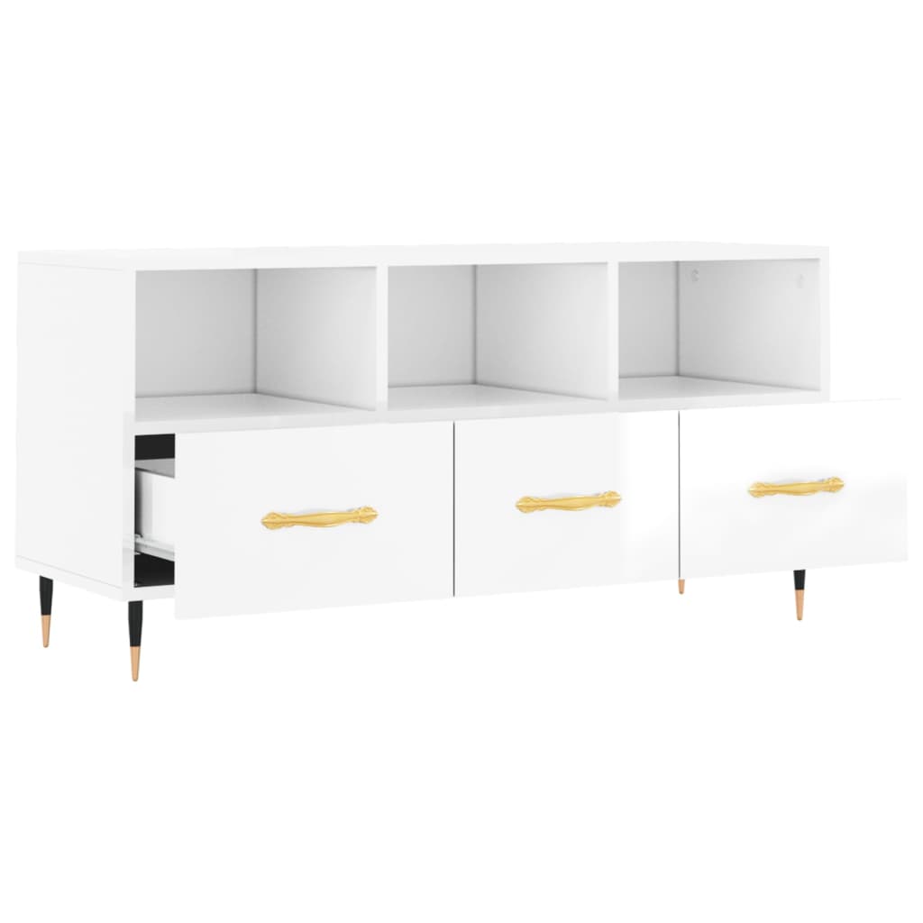 vidaXL Mueble de TV madera contrachapada blanco brillo 102x36x50 cm