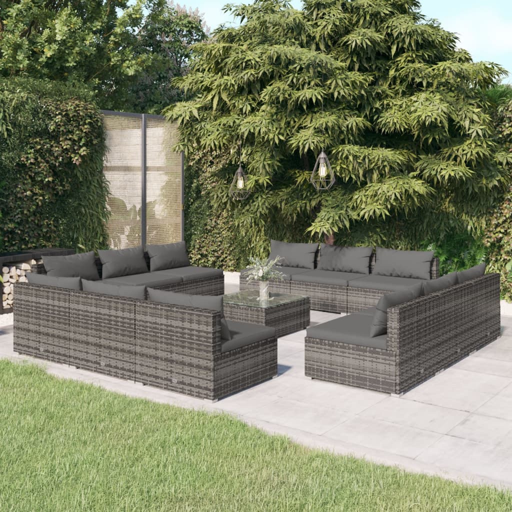 vidaXL Set de muebles de jardín 13 pzas y cojines ratán sintético gris