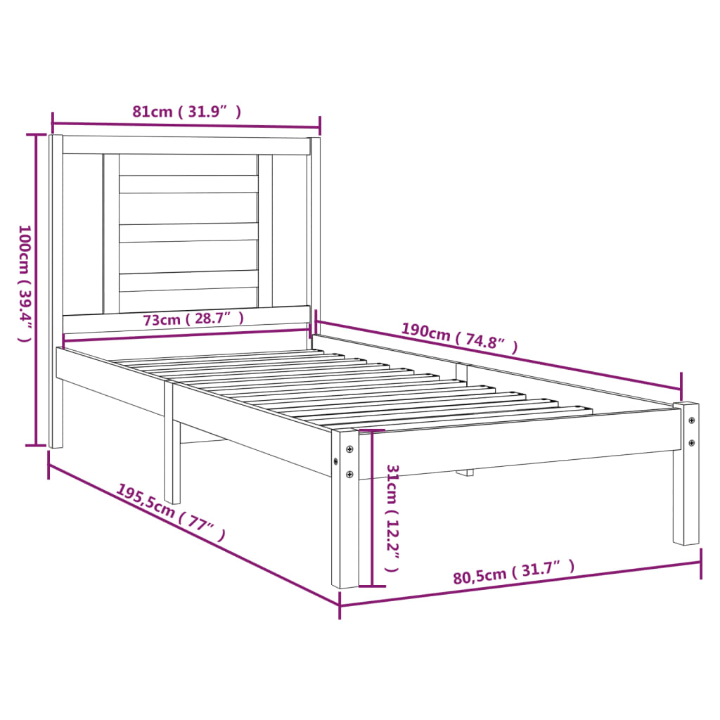 vidaXL Estructura de cama madera maciza individual blanco 75x190 cm