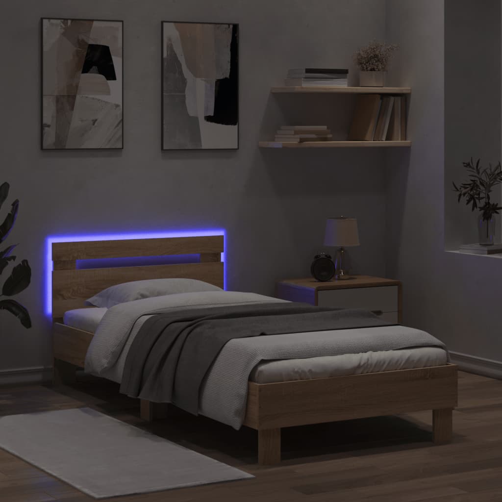 vidaXL Estructura de cama cabecero luces LED roble Sonoma 90x200 cm