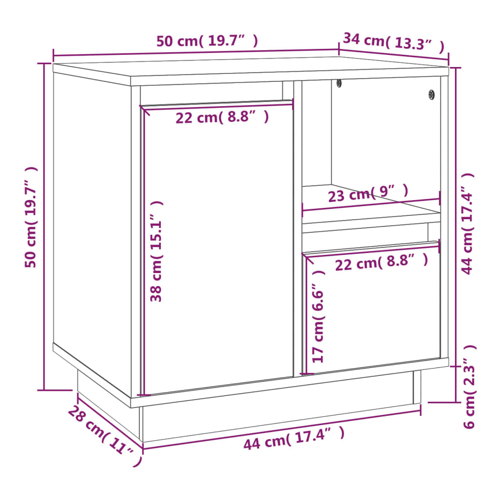 vidaXL Mesita de noche madera maciza de pino 50x34x50 cm